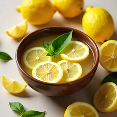 Rustic Lemon slices in a Bowl, surrounded by lemons. cinematic top view Flat lay