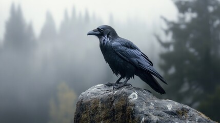 Fototapeta premium A raven perched on a rock amidst a misty forest, evoking a sense of mystery and solitude in nature.