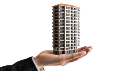 Businessman holding miniature building model in transparent background