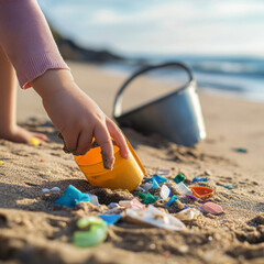 Child's hand in pink sweater picking up yellow plastic cup among debris on sandy beach