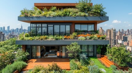 Modern green rooftop house with city view.