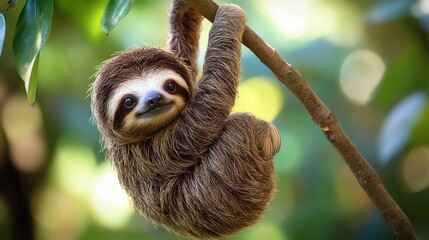 A cute sloth hangs upside down from a branch, surrounded by lush green leaves, showcasing its adorable face and relaxed demeanor.