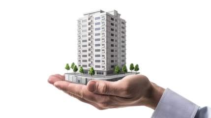 Businessman holding miniature building on transparent background