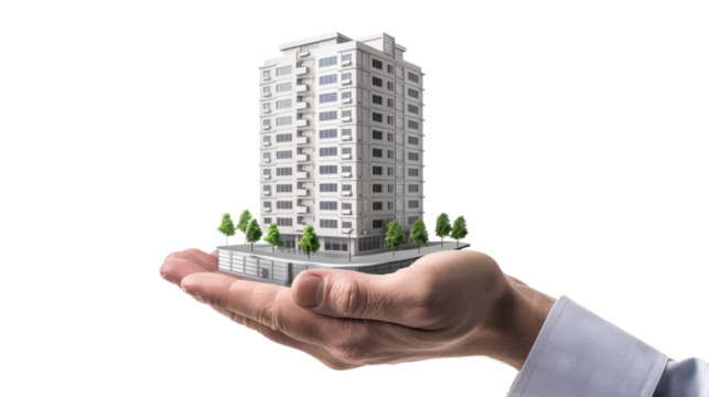 Businessman holding miniature building on transparent background