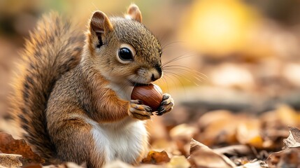 Fototapeta premium A cute squirrel holds an acorn while sitting among colorful autumn leaves, showcasing nature's beauty and wildlife.