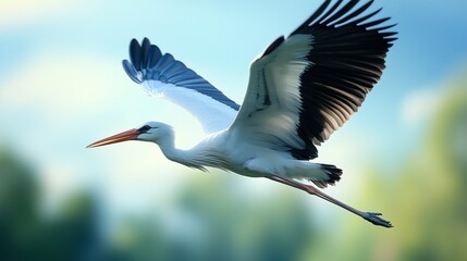 Fototapeta premium A graceful stork flies against a soft, blurred background, showcasing its striking wings and long legs in mid-flight.