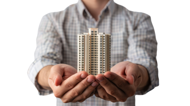 Architect holding a building miniature in open palms with transparent background
