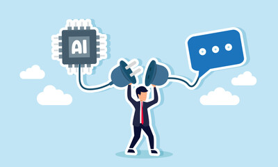 A businessman holds two power plugs connected to an AI chip and a chat dialog, illustration of the importance of adaptation and prompt memory for AI development