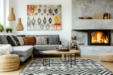 Cozy living room with fireplace, grey sectional sofa, and patterned rug.
