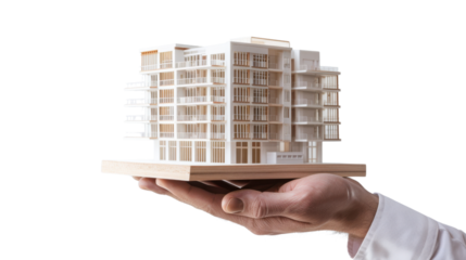 Architect holding scale model building on transparent background