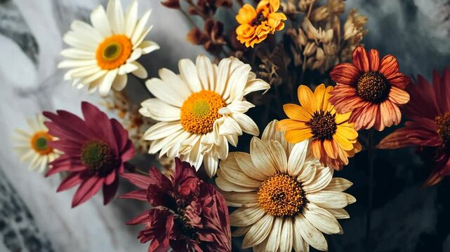 Colorful bouquet of dried flowers arranged against a textured background showcasing autumn vibes