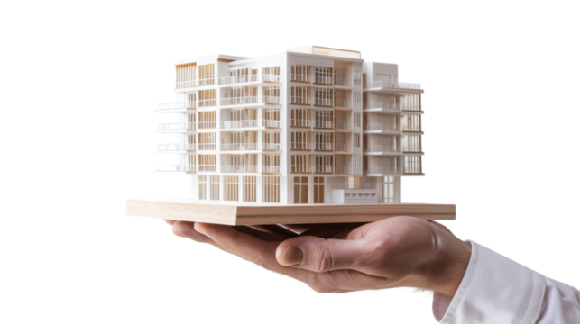 Architect holding scale model building on transparent background