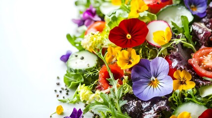 Vegetable salad with edible flowers on white