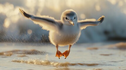 A fluffy chick spreads its wings while attempting to take flight near the shoreline, with gentle ocean waves in the background.
