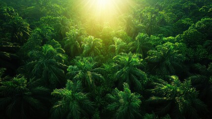 Obraz premium Aerial view of lush green palm trees in sunlight.