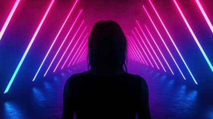 High Energy DJ Performing in Futuristic Neon Lighting with Abstract Background