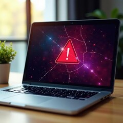 Cracked laptop screen, virus alert on display, antivirus, electronics