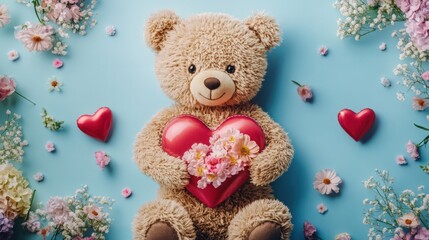 Charming teddy bear holding heart blooms amid a pastel floral arrangement