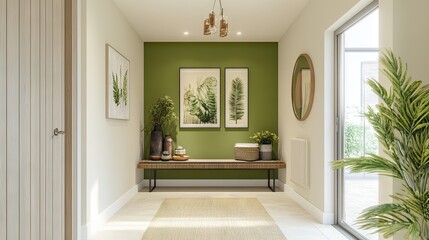 A bright hallway with a green feature wall and framed nature prints.