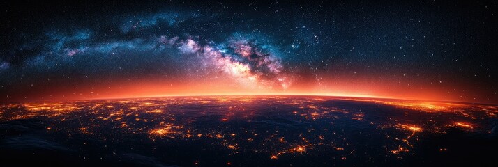 Fototapeta premium Stellar Earth Connection Luminous Milky Way Over Mountain Peaks - Nature for Adventure Travel and Eco-Conscious Marketing