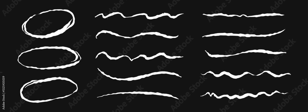 Poster hand drawn chalk circles and lines set. white pastel underlines and strokes collection. wavy crayon 