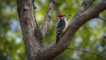 Graceful Woodpecker Perched on Tree, Detailed Plumage and Sharp Beak, Blurred Empty Background, Nature in Focus
