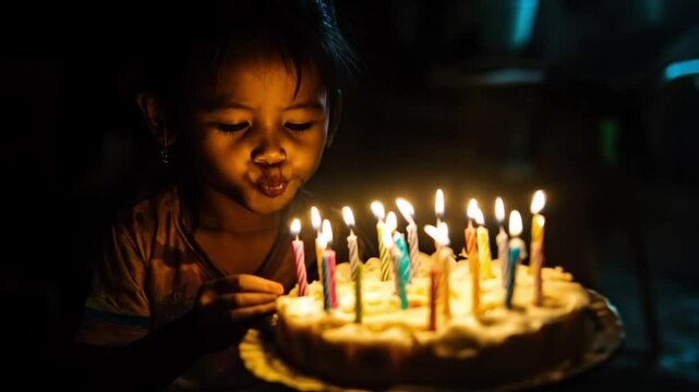 The girl beamed with joy as she blew out the candles on her birthday cake, surrounded by friends and family who sang a cheerful birthday song.
