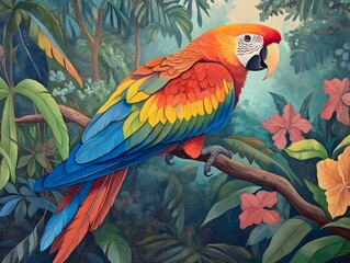 Vibrant Parrot Perched Amidst the Lush Tropical Rainforest Foliage