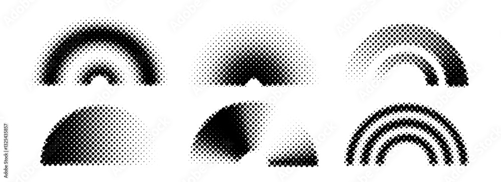 Aufkleber black halftone arch collection. pixelated 8 bit gradient arc set. dotted pop art curve element bundl