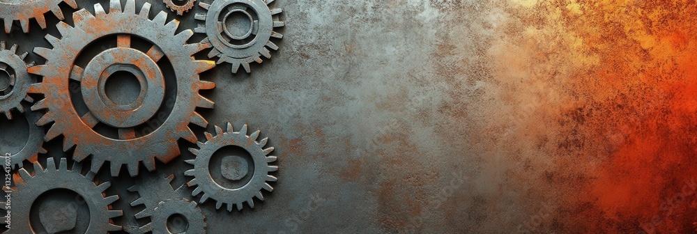 Fototapete industrial backdrop featuring intricate gear patterns in gray and rust tones with a metallic gradien