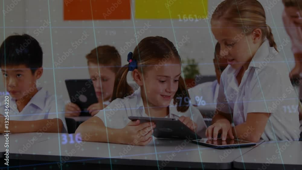 Poster children using tablets in classroom with data processing animation overlay
