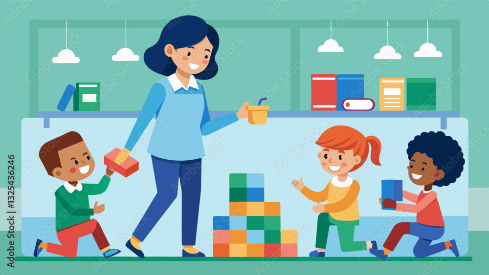 Poster in a classroom a teacher guides her students as they drag and drop blocks to create a fun animation 