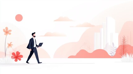 Obraz premium Business professional walking with laptop in minimalist environment modern conceptual art