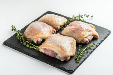 Fresh Raw Chicken Thighs on Slate Board with Thyme Sprigs