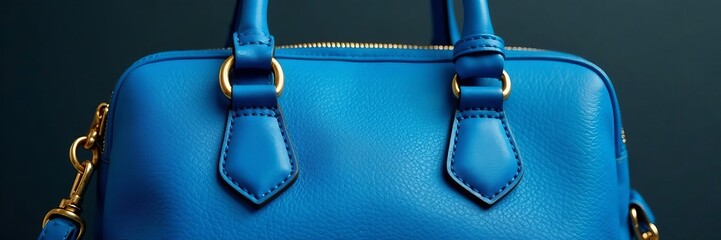 Close-up of front blue leather purse with gold hardware, texture, classy, glamour