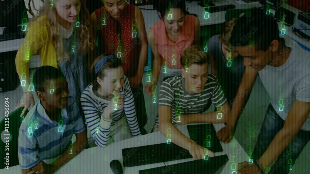 Aufkleber diverse group of young people collaborating over binary code animation