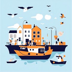 Coastal Village Seascape with Boats, Houses, and Birds in Flight