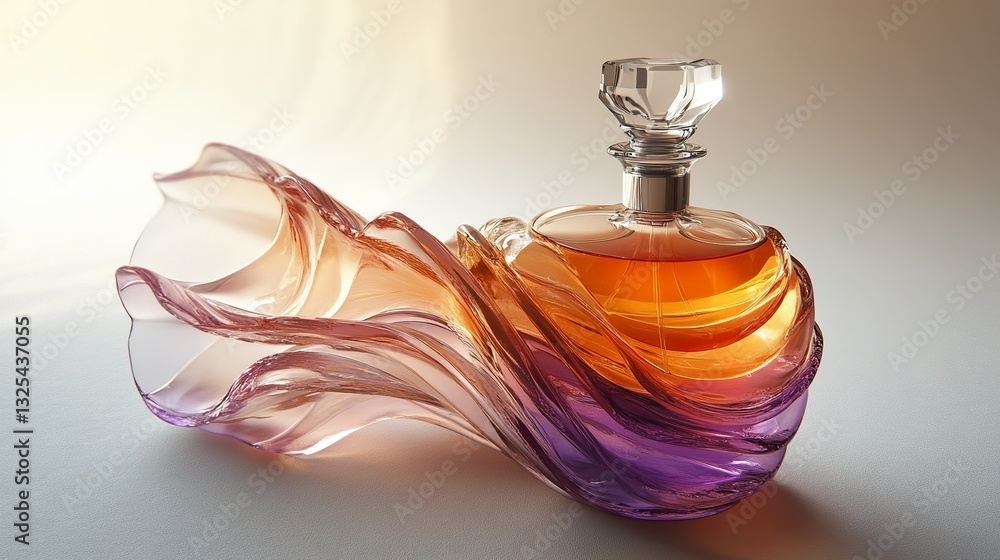 Poster an elegant perfume bottle with a colorful flowing design element
