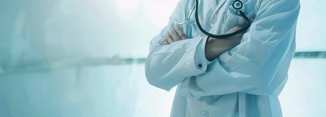 Confident male doctor in white coat with stethoscope standing with arms crossed on blue background.