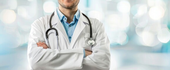 Confident male doctor in white coat standing with arms crossed in modern hospital.