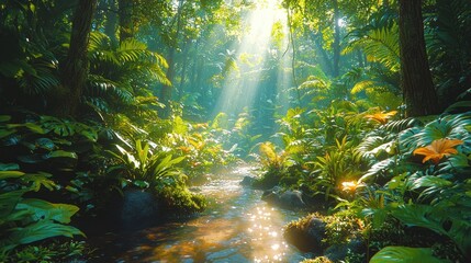 Fototapeta premium Sunbeams illuminate lush green jungle, stream flows through vibrant foliage.