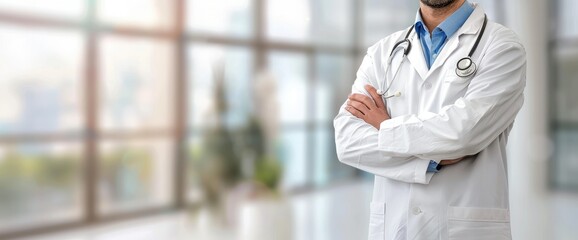 Confident male doctor in white coat standing with arms crossed in modern hospital.