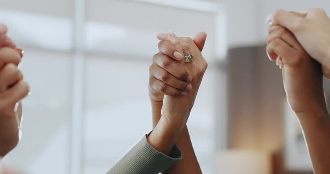 Holding hands, support and group with faith, prayer and worship in church for Christianity or closeup. Religion, holy and people with belief for God, spiritual and members of congregation with praise