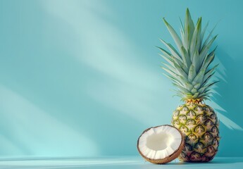 Fresh pineapple alongside a sliced coconut on a vibrant blue background showcasing tropical fruits and bright colors for food-related projects and designs.