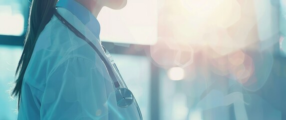 Professional healthcare and education concept: Doctor in white coat over blurred medical office background