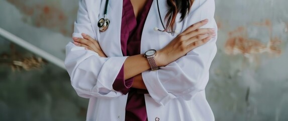 Professional healthcare and education concept: Doctor in white coat over blurred medical office background