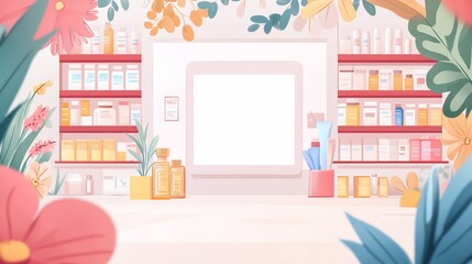 Illustrated shop shelf with cosmetic and skincare products, surrounded by flora elements
