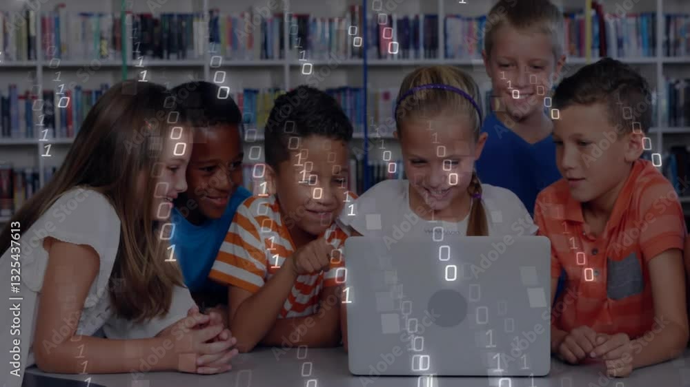 Poster in school, children gathered around laptop with binary code animation overlay
