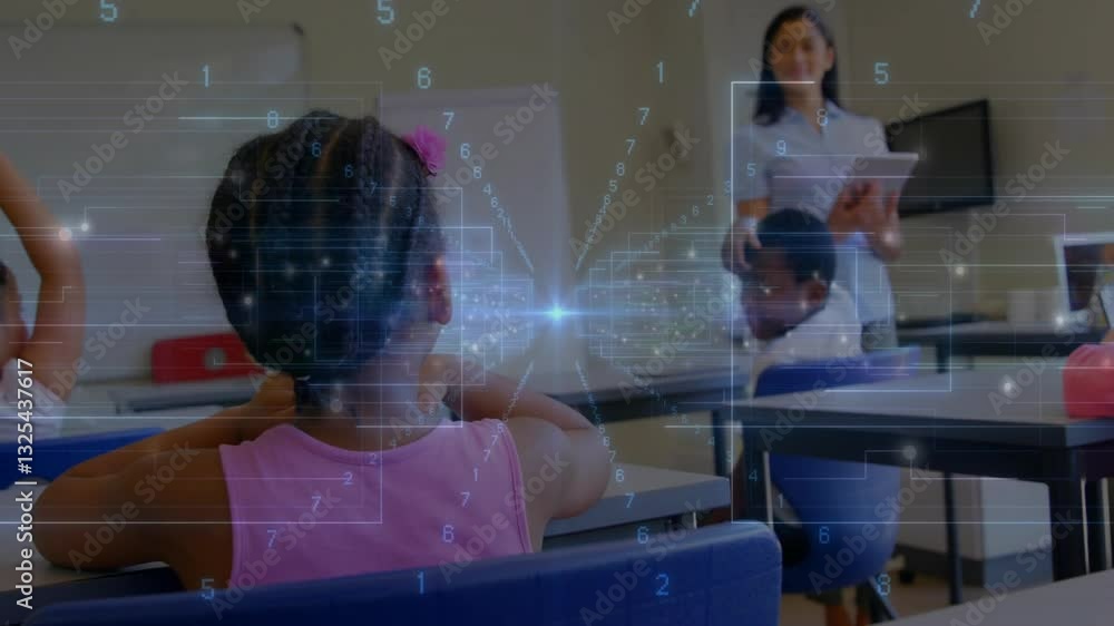 Poster children learning in classroom with digital data processing animation overlay