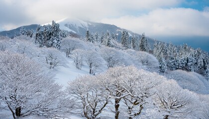 snow covered trees in white woodland on a snowy japanese mountain